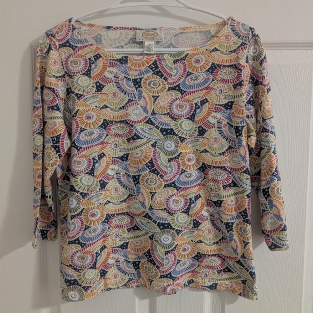 TALBOTS PETITES Japanese Parasol Wagasa Print Cotton 3/4 Sleeve Tee Sz Small P